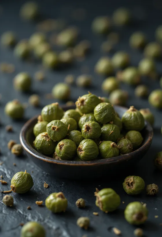 Seramik kasede ve zeminde tane yeşil karabiber
