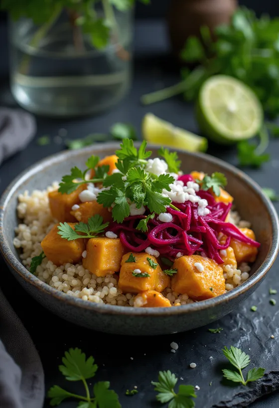 Pancarlı ve körili tofu ile misket limonlu kinoa Buddha kasesi sunumu