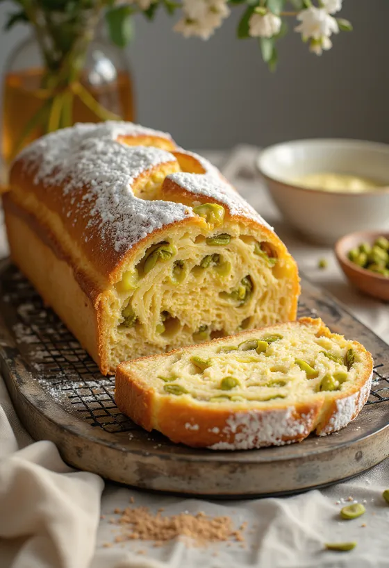 Ballı ve Antep fıstıklı Stollen dilimlenmiş, pudra şekeri serpilmiş