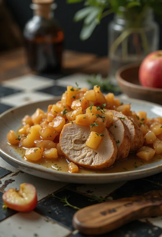 Elma kompostosu ile servis edilen ve taze kekik ile süslenmiş Pork loin