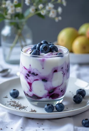 Yaban mersinli probiyotik yoğurt bardaklarda servis edilmiş, taze yaban mersini ile süslenmiş