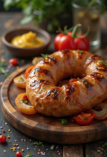 Altın sarısı kızarmış, çıtır kabuklu ve taze yeşilliklerle servis edilen kızarmış sosis