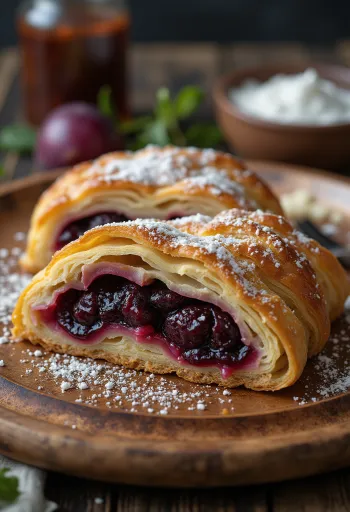 Tarçınlı şeker serpilmiş, altın sarısı pişmiş erikli strudel