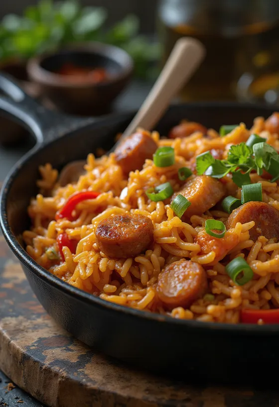 Zengin lezzetler ve renkli malzemelerle tavuklu Jambalaya