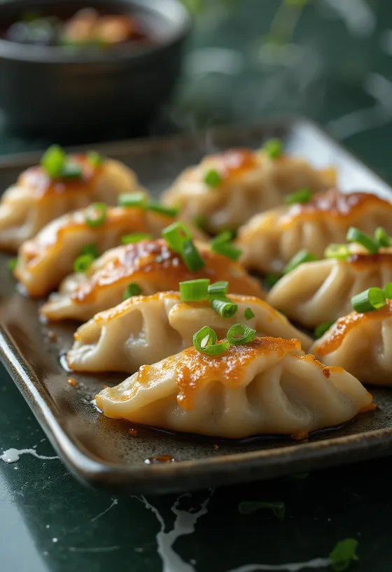 Domuz eti dolgulu, altı çıtır hamurda Japon gyoza, soya soslu dip sos ile servis edilmiş