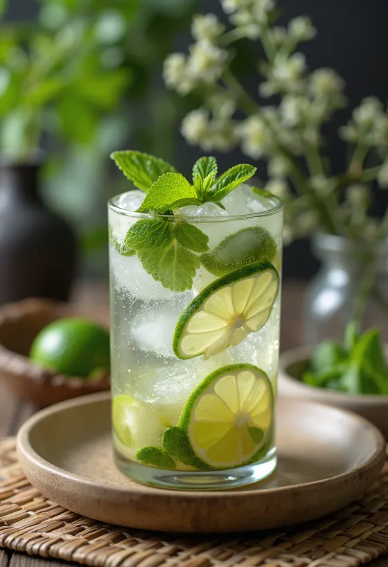 Taze nane yaprakları ve misket limonu dilimleriyle süslenmiş Mojito