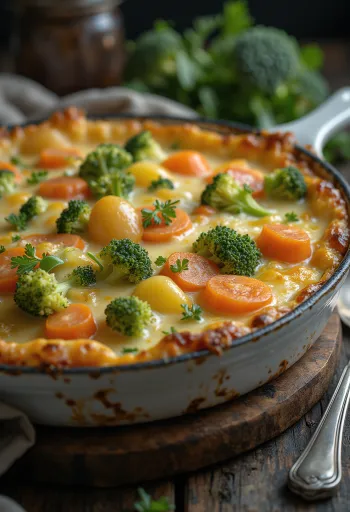 Katmanlanmış, peynir ve baharatlarla pişirilmiş sebzeli graten