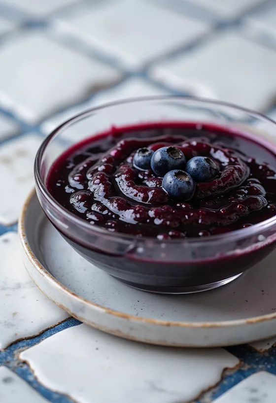 Bir kasede yaban mersinli acı balzamik sos, taze yaban mersini ve şili dilimleri ile süslenmiş.