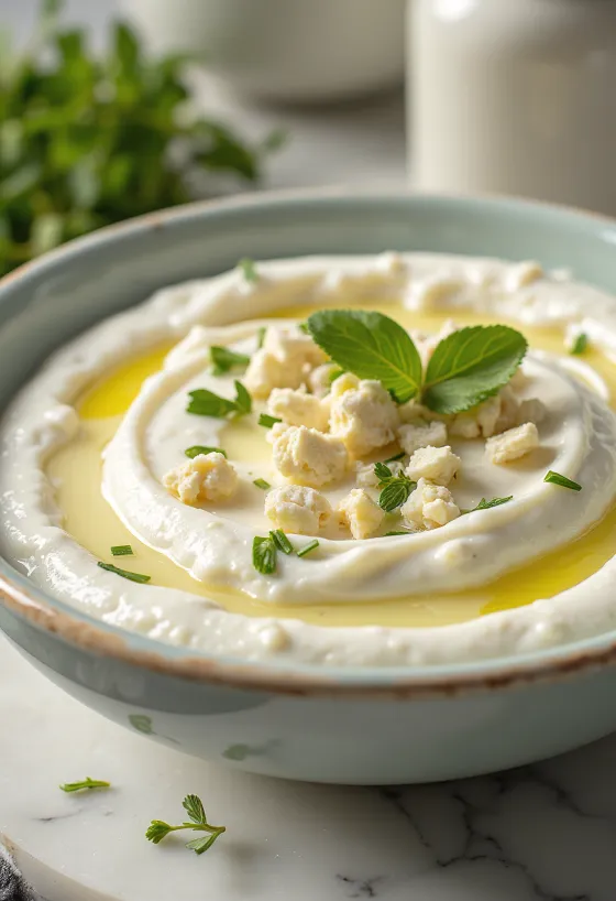 Taze pita ekmeği ile servis edilmiş dereotlu feta peynirli yoğurt sosu