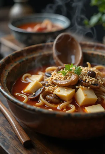 Tofulu, mantarlı ve taze soğanlı Miso nikomi udon