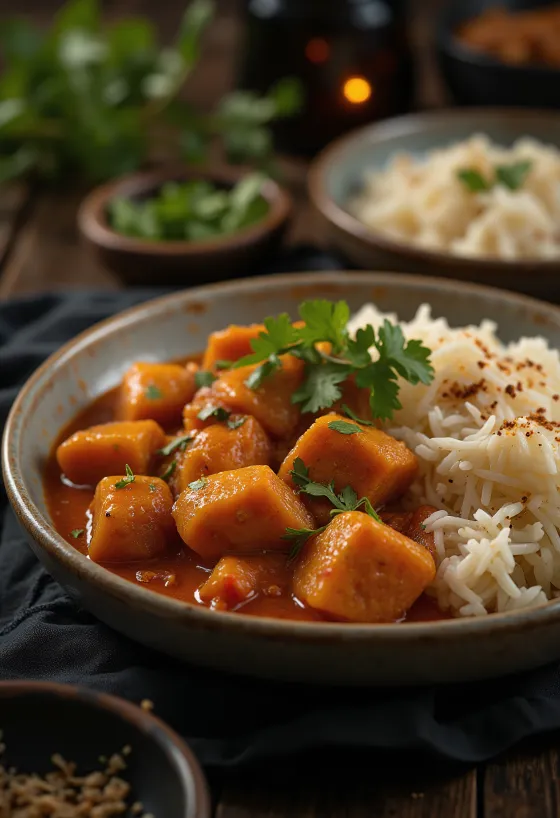 Pirinç ve taze kişniş ile servis edilen Pork Vindaloo