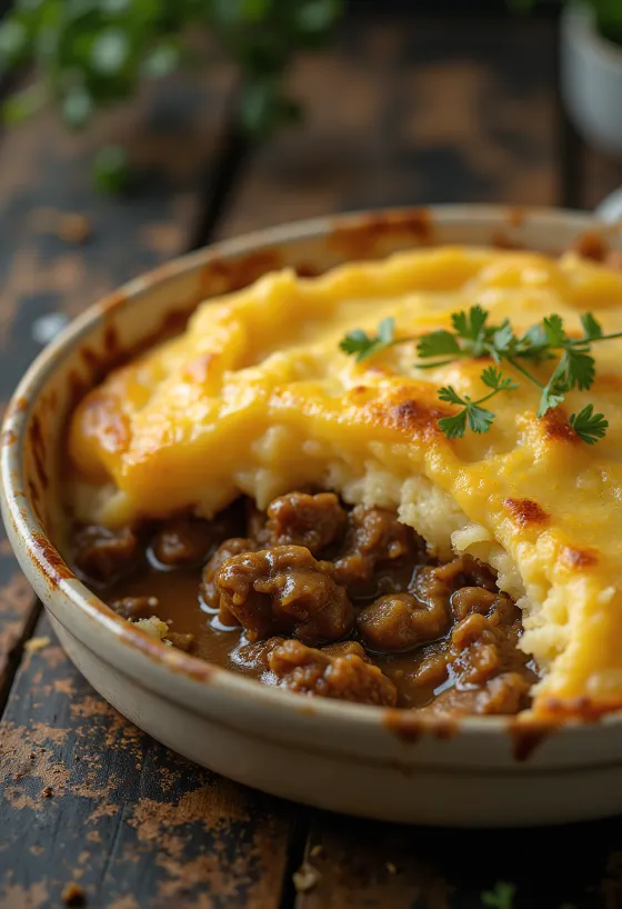 Çıtır patates püresi katmanıyla servis edilen Shepherd’s pie