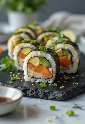 Tofu, sebzeler ve soya sosu ile vegan suşi