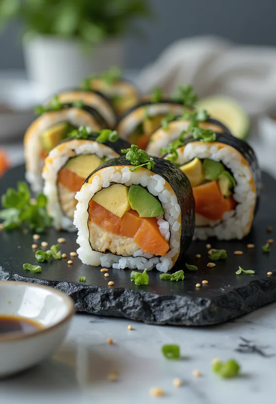 Tofu, sebzeler ve soya sosu ile vegan suşi