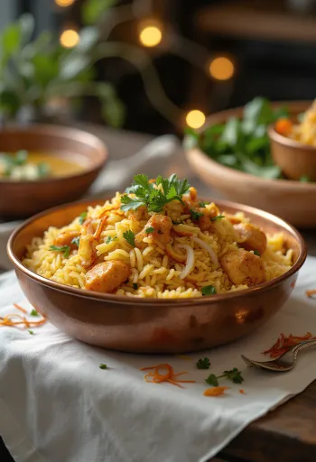 Taze kişniş ve nane ile süslenmiş tavuklu Biryani