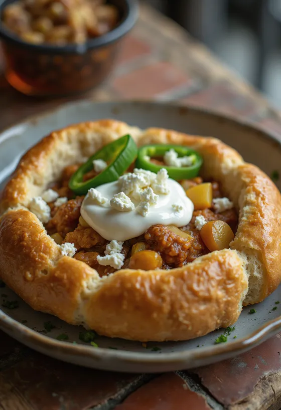 Yoğurtlu Bunny chow, taze servis edilmiş, beyaz peynir ve kişniş ile