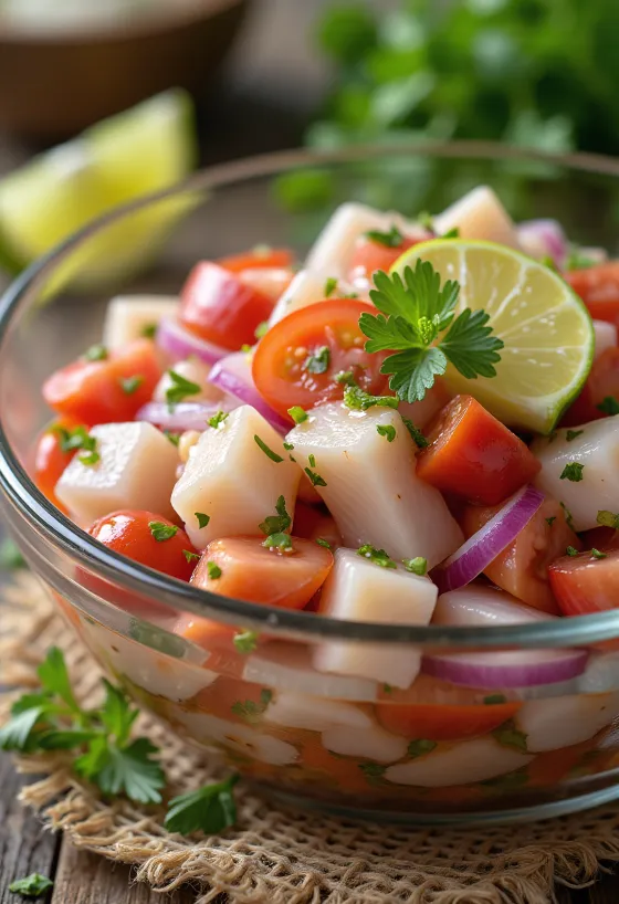 Misket limonlu klasik ceviche, balık, avokado ve domatesin taze kombinasyonu
