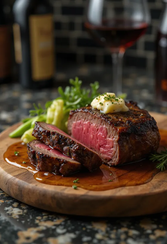 Haşlanmış sebzeler ve tereyağı ile servis edilen Chateaubriand steak