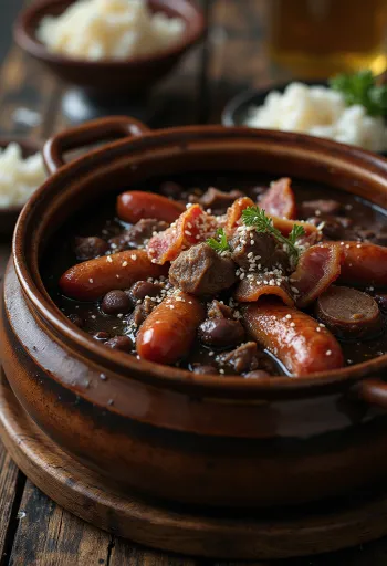 Taze maydanoz ve pirinç garnitürüyle servis edilen tuzlanmış sığır etli Feijoada