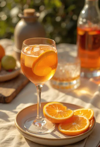 Portakal dilimi ve buzla servis edilen Portakallı Aperol kokteyli