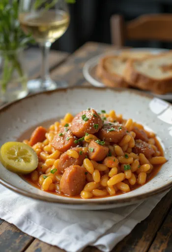Tütsülenmiş sosis ve patatesli, üzerine taze maydanoz serpilmiş Çoban Tarhanyası