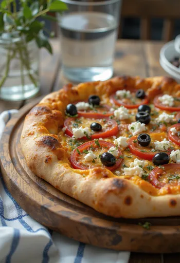 Beyaz peynir, siyah zeytin ve taze domatesli Pizza Greca