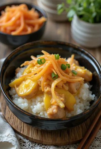 Takuanlı oyakodon servis edilmiş, tavuk budu, yumurta ve takuan turpu süslemesiyle