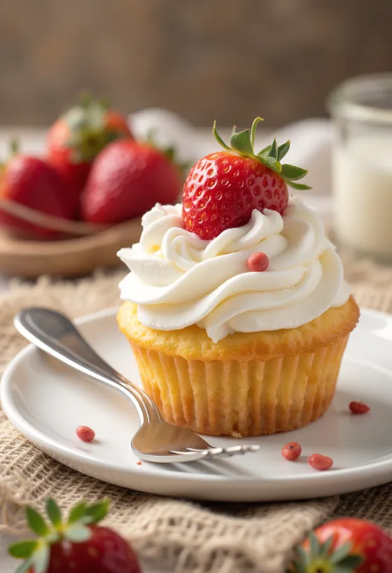 Çilekli kremalı cupcake servis edilmiş