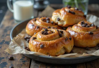 Taze pişmiş, altın sarısı kızarmış Çikolata Parçacıklı Kanelbulle