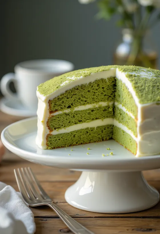 Maskarpone kreması ve matcha tozu ile süslenmiş matcha yeşil çaylı pasta