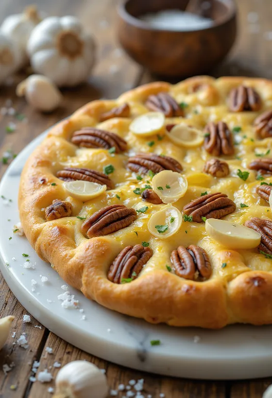 Servis edilmiş pekan cevizli, biberiyeli ve sarımsaklı focaccia