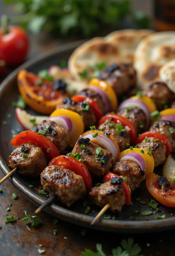Şişte ızgara edilmiş et ve sebzelerle Şiş Kebap