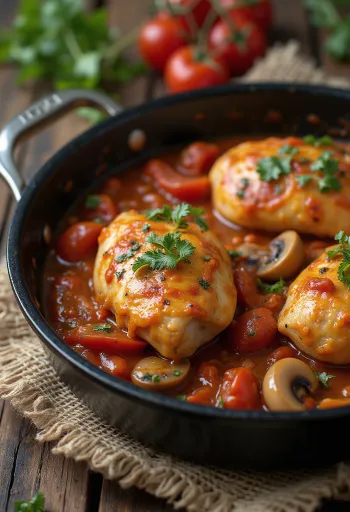 Tavada sebzelerle servis edilen Chicken Cacciatore