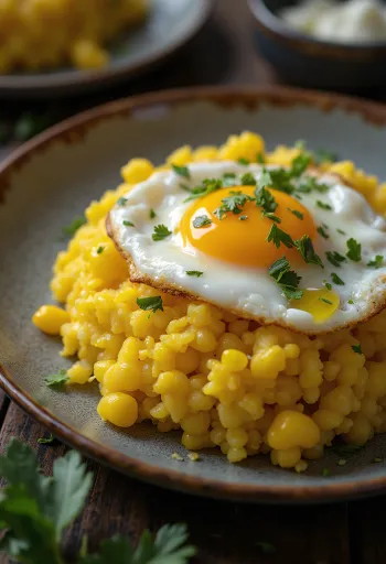 Kişniş ve yumurta ile servis edilen Yumurtalı Kuskus (Cuscuz com ovo)