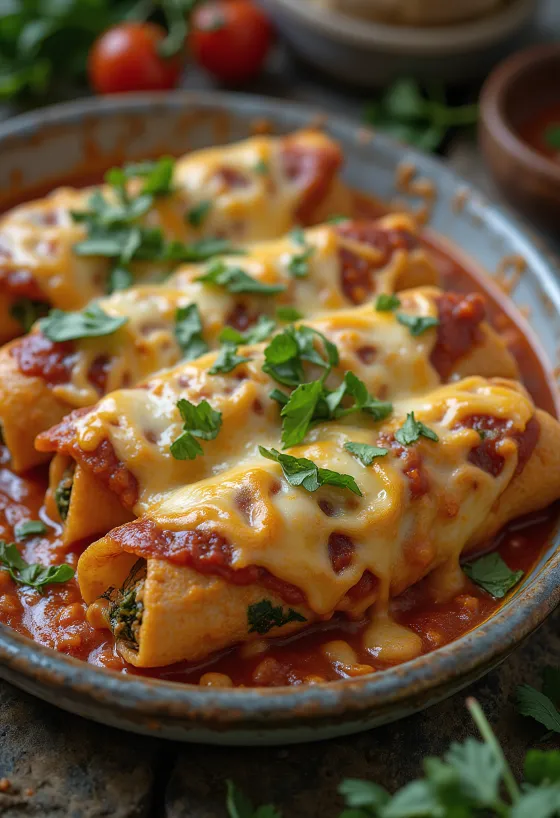 Üzerinde peynirle servis edilen Ispanaklı Enchilada