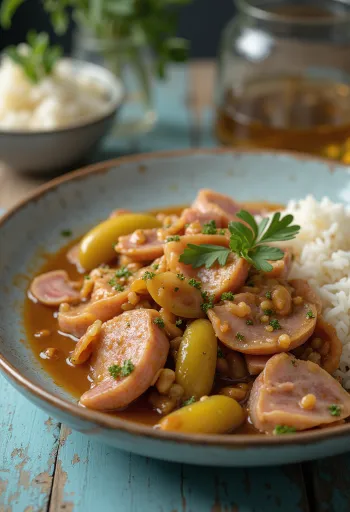 Sulu domuz eti, tütsülenmiş sosis ve kornişon turşu ile hazırlanmış Kasap usulü yahni.