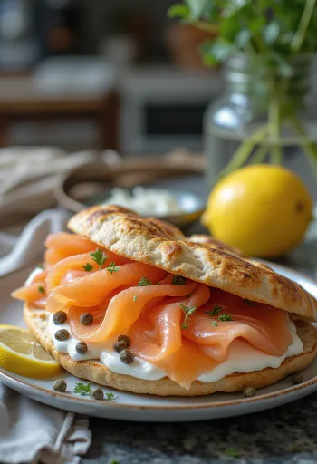 Taze sebzeler ve kremalı dolgu ile somonlu pita