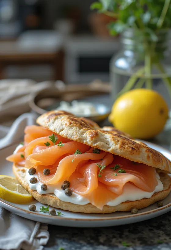 Taze sebzeler ve kremalı dolgu ile somonlu pita