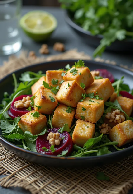 Pancarlı salatada misket limonlu kızarmış tofu