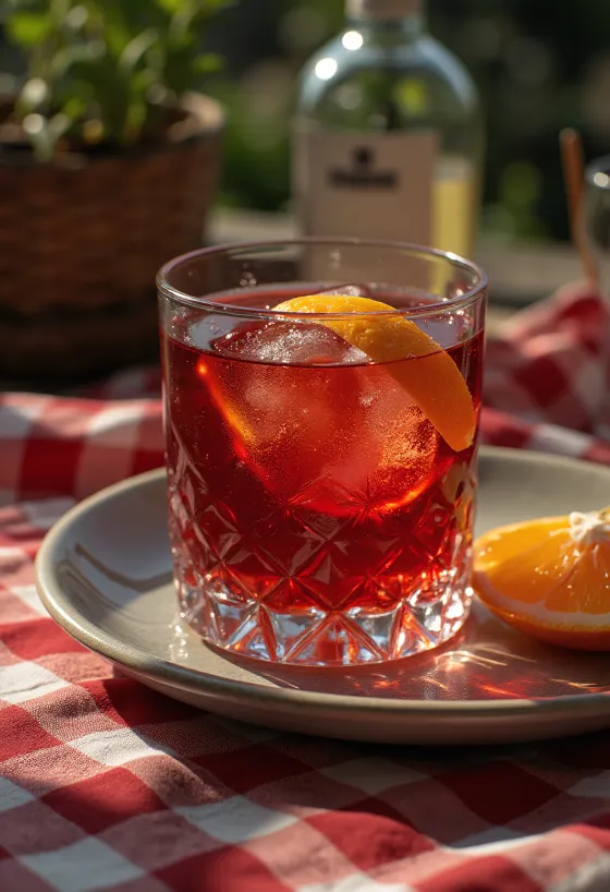 Portakal dilimiyle süslenmiş Negroni kokteyli