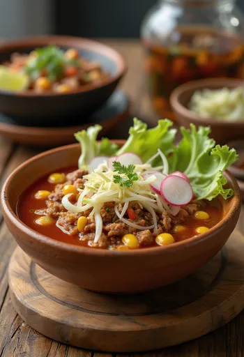 Pozole çorbası servis edilmiş