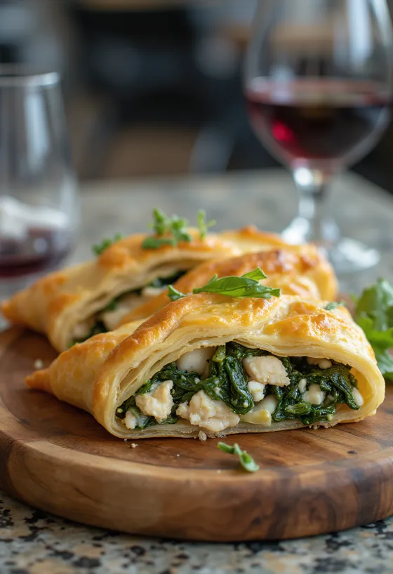 Tavuklu Spanakopita, altın sarısı, çıtır hamurlu ve zengin ıspanaklı tavuklu iç harçlı