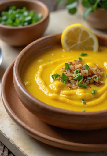 Moong dal çorbası, taze kişniş ve limon suyu ile süslenmiş