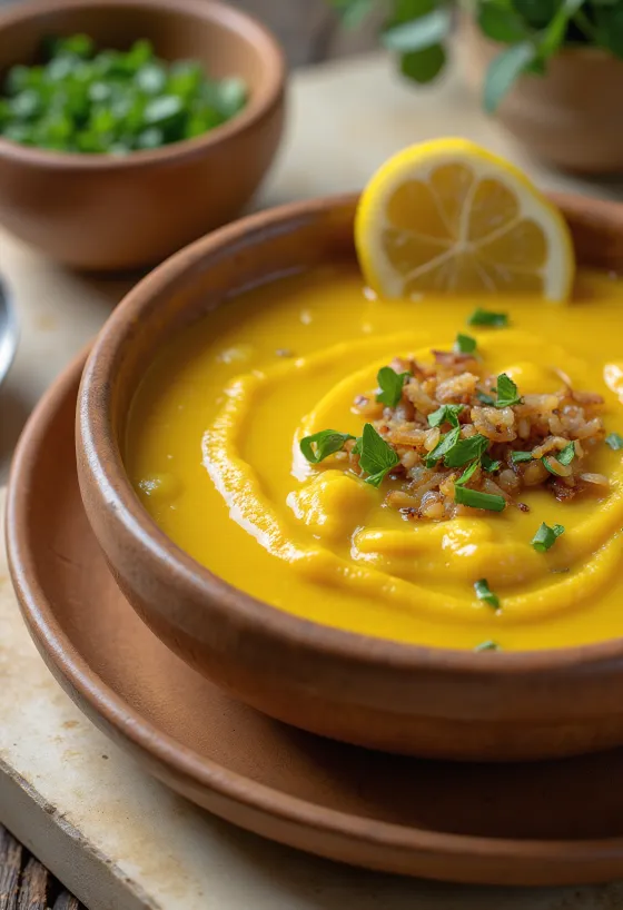 Moong dal çorbası, taze kişniş ve limon suyu ile süslenmiş