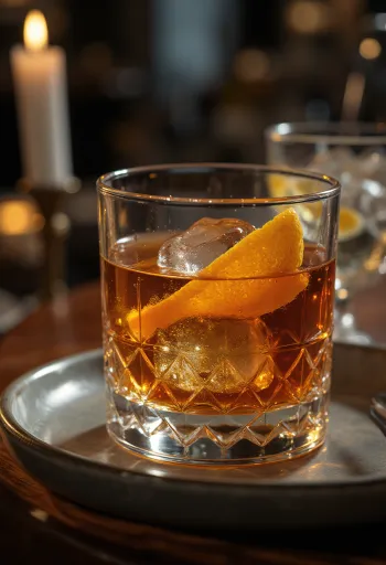 Portakal kabuğu ile süslenmiş Old Fashioned kokteyli