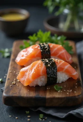 Taze kişniş ve siyah susamlı Somonlu Omusubi