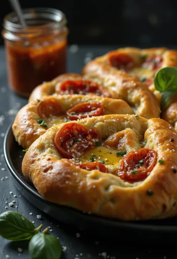 Servis edilmiş kırmızı pestolu ve parmesanlı focaccia