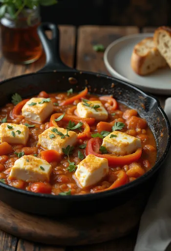 Biberli ve domatesli saganaki, feta peyniri ile, taze sebze sosunda servis edilmiş