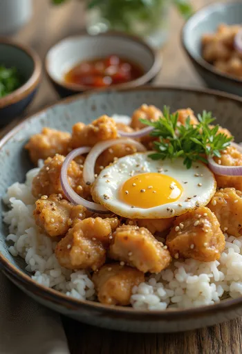 Kızarmış tavuk parçalı Oyakodon, yumurta ve pilavla servis edilmiş