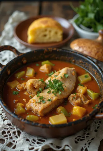 Timsah kuyruğu yahnisi taze ekmekle servis edilmiş.